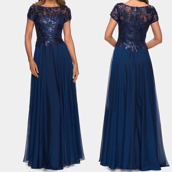 LA FEMME Chiffon Skirt Metallic Lace Evening Dress NWOT - Picture 1 of 8